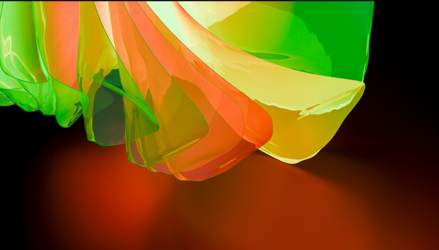Flowing, translucent sheets in vibrant green, yellow, and red against a dark background.
