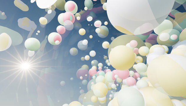 Multicolored pastel spheres float against a blue sky with a shining sunflare.