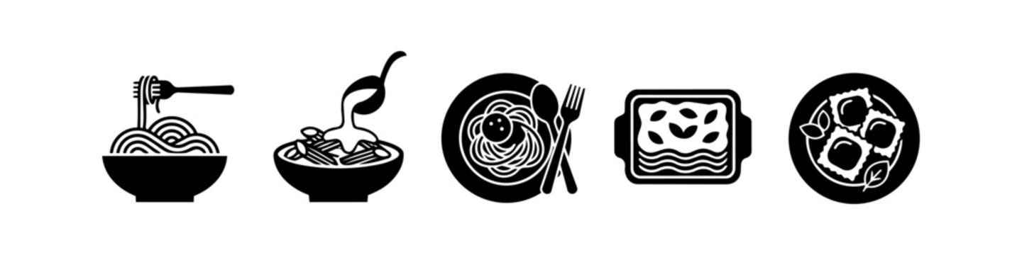 Minimalist black icons of pasta dishes: spaghetti, penne, lasagna, and ravioli. Ideal for restaurant menus, food apps, and culinary designs.