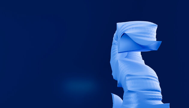 Abstract blue sculpture on a dark blue background with flowing and folded shapes.