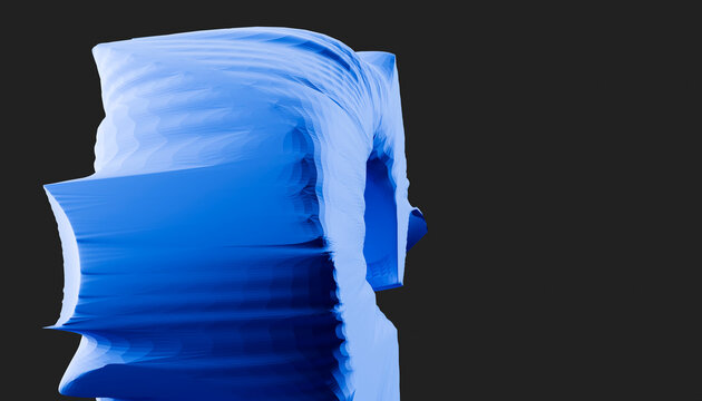 Abstract blue 3D sculpture against a solid dark background.