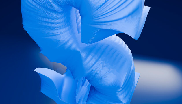 Abstract blue sculpture with smooth, flowing curves against a dark background.