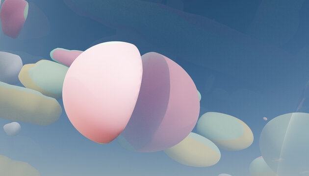 Abstract pastel-colored shapes floating against a soft blue sky background, creating a serene scene.