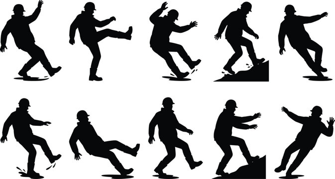 Construction worker silhouettes set slipping tripping and falling representing winter industrial workplace accident and safety concepts