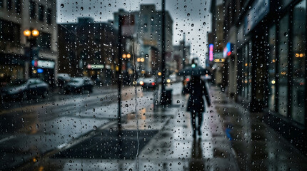 Obraz premium Rain covered window overlooking a city street with blurred vehicles and pedestrians background cityscape dampness