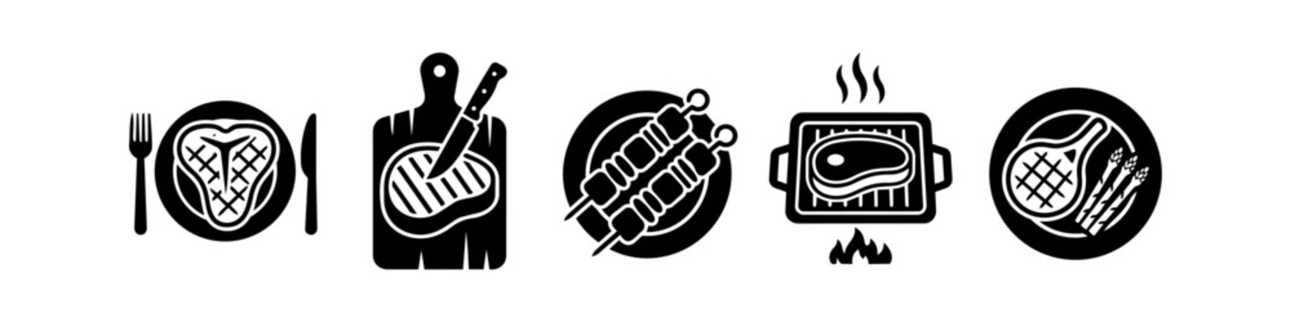 Set of minimalist black steak and BBQ icons featuring T-bone, kebabs, grill pan over fire, and tomahawk steak with asparagus. Ideal for menu design, restaurant logos, and grilling themes.
