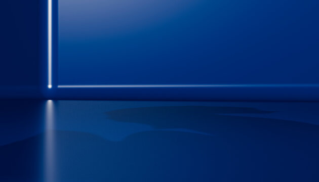 Abstract blue room with glowing lines reflecting on glossy floor.