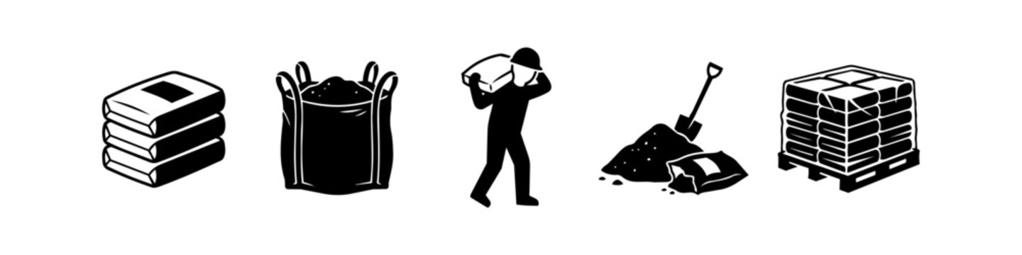 Vector illustration of construction icons featuring cement bags, a worker, sand pile with shovel, and a pallet of supplies. Minimal black and white design for building and industrial themes.