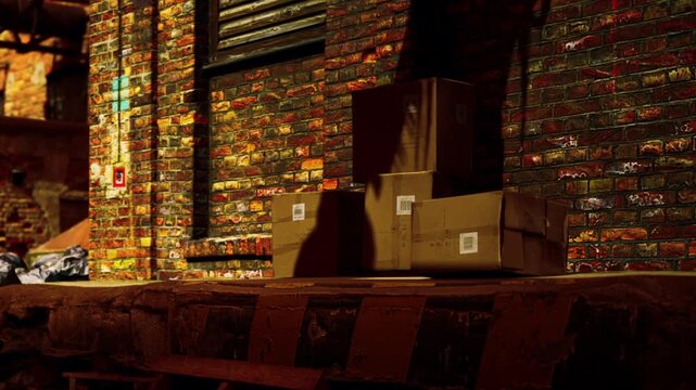 Boxes are stacked on a ledge beside a brick wall. The area is part of a city. The sunset casts a warm color on the scene. Shadows are visible along the wall and ground.