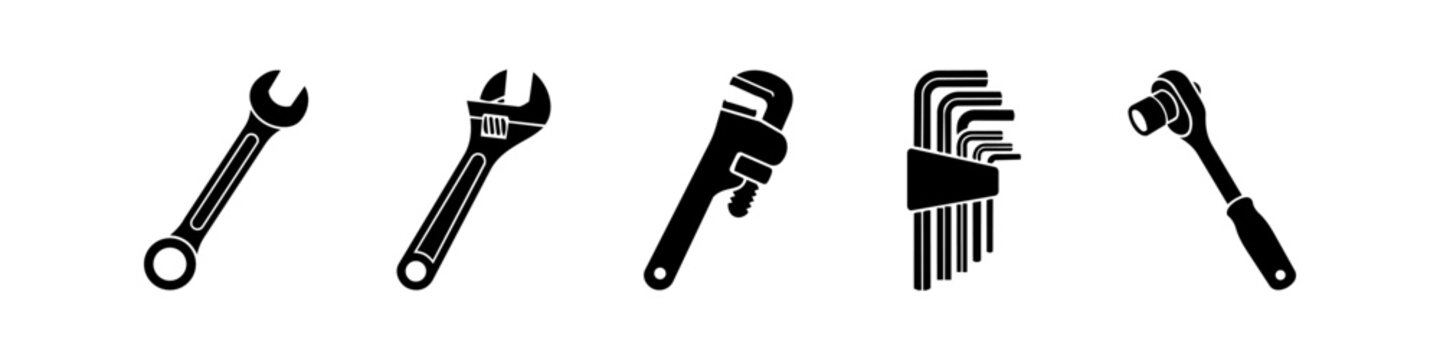 A collection of five black wrench icons, including adjustable, pipe, ratchet, and Allen keys, isolated on a white background. Ideal for repair, maintenance, and mechanical tool illustrations.