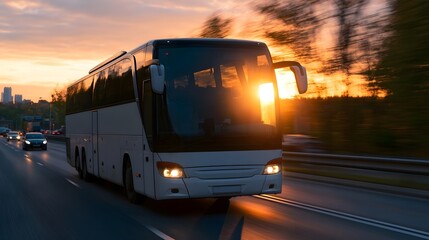 Obraz premium A dynamic transportation scene captured under the golden light of a sunset emphasizing motion and sleek design