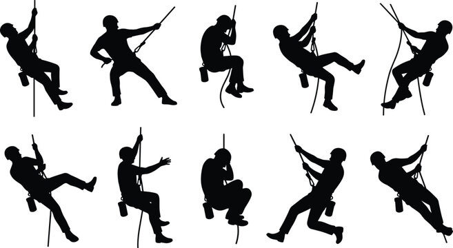 Industrial climber silhouettes set with men rappelling and working on safety ropes isolated on white background