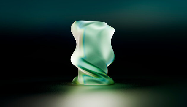 Abstract green sculpture with swirling curves on a dark gradient background.