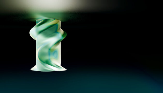 Abstract green and white twisted sculpture set against a dark gradient background