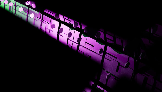 Abstract geometric pattern with black shadows and vibrant purple and green accents.