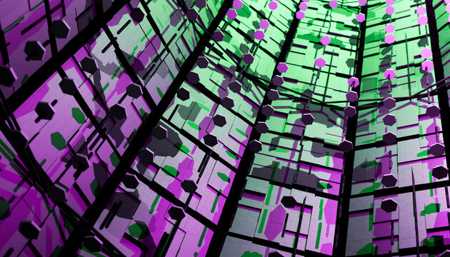 Abstract geometric pattern with vibrant purple and green hues on a textured surface.