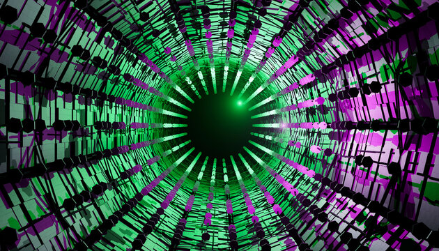 Futuristic tunnel with green and purple neon lights creating a captivating tech vibe.