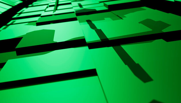 Abstract green geometric shapes creating depth and shadow in a digital environment.