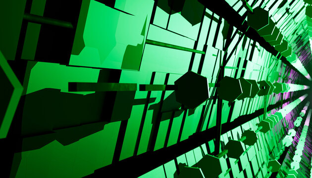 Abstract green geometric shapes create a tunnel-like futuristic perspective.