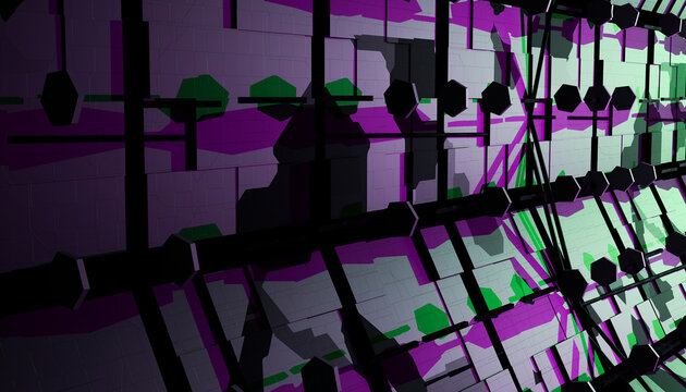 Geometric abstract design with purple, green, and black shapes and patterns on a wall.