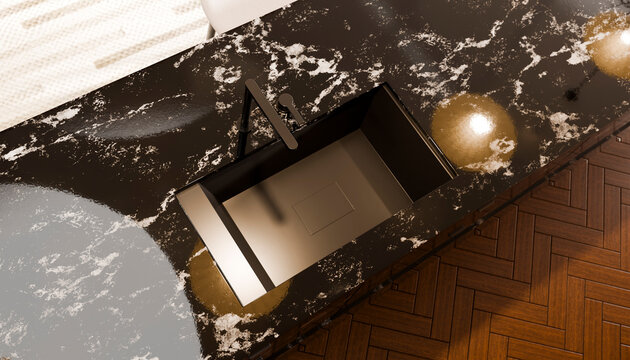Black marble countertop with an elegant sink and modern faucet.