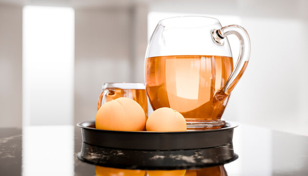 A glass pitcher of amber liquid with eggs on a black tray on a reflective surface.