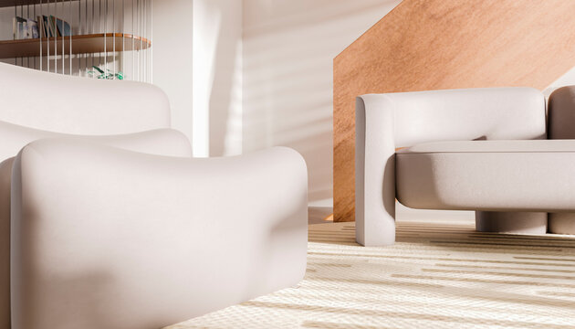 Modern minimalist living room with beige armchairs and wooden accents under warm sunlight.