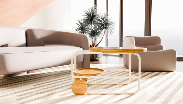 Modern living room with beige furniture and wooden coffee table on a striped rug.