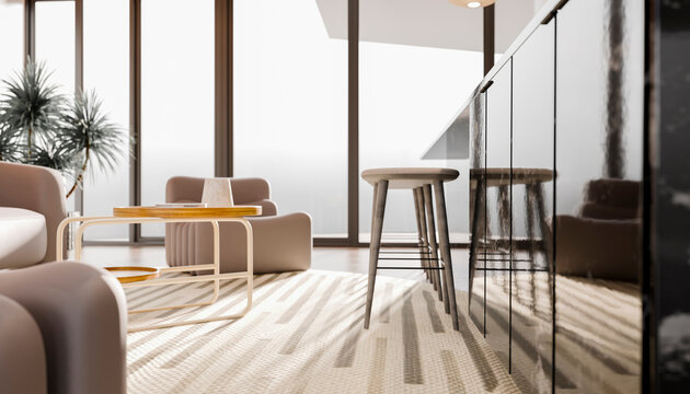 Modern lounge area with armchairs, bar stool, and natural light from large windows.