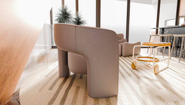 Modern interior with stylish furniture and sunlight illuminating the space, highlighting design.