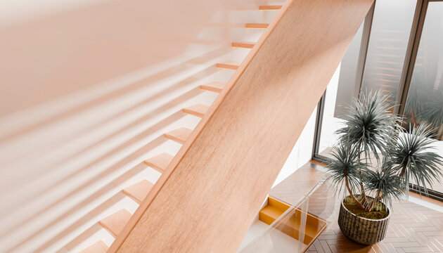 Modern interior with wooden staircase, large windows, and potted plants on a wooden floor.