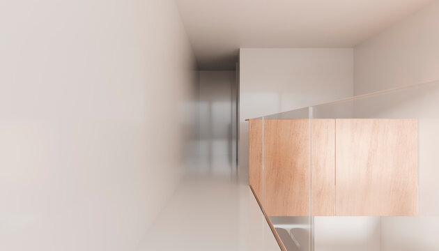 Minimalistic interior hallway with wooden panel and glass railing, bathed in soft light.