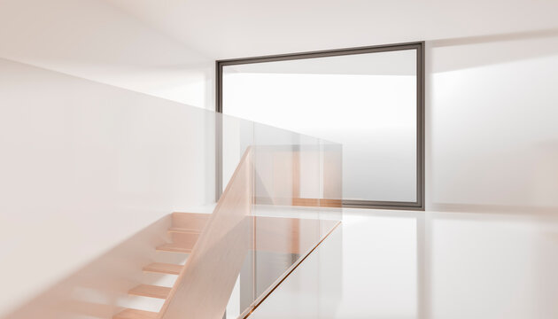 Minimalist interior with wooden staircase and large window in a bright, modern space.