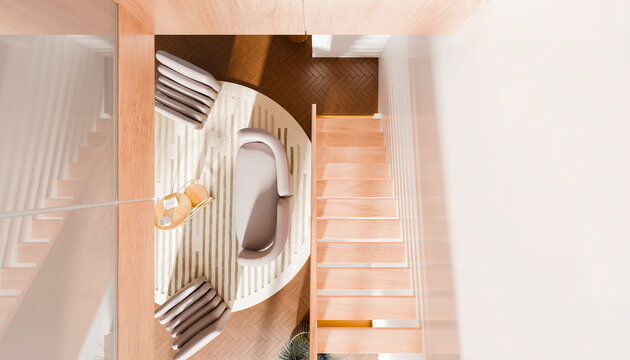 Modern minimalistic interior with wooden accents and a circular carpet viewed from above.