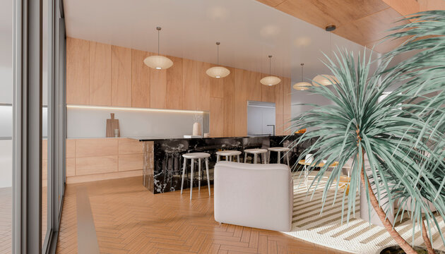 Modern kitchen with wooden cabinets, marble island, and indoor plants under warm lights.