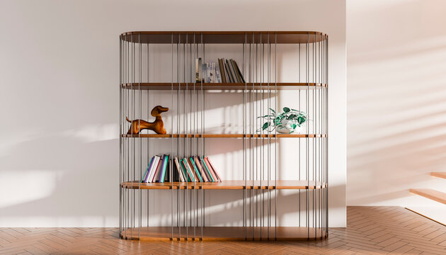 Minimalist wooden bookshelf with books, plant, and decorative sculpture in bright room.