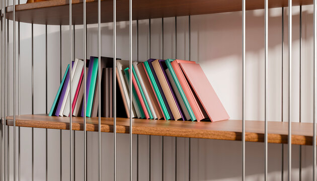 Wooden shelf with colorful books displayed between metal bars in bright sunlight.