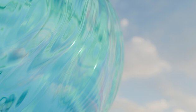 Close-up of a translucent blue bubble in the sky with soft cloud background.