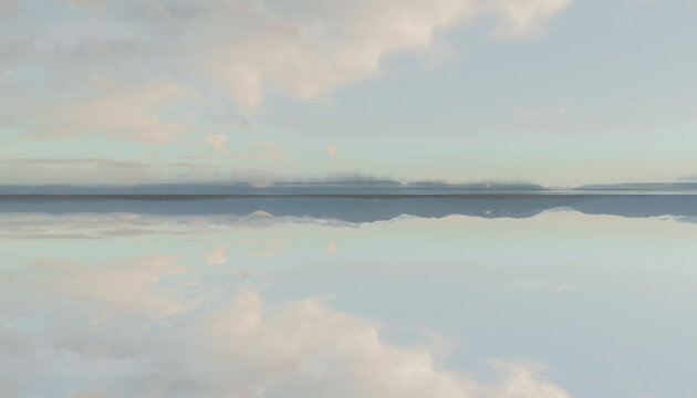 Serene landscape of a calm ocean merging with the cloudy sky, mirrored reflections create symmetry.