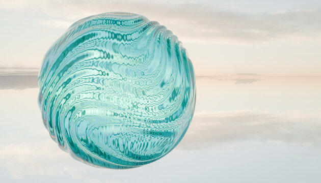 A textured, translucent aqua glass sphere floats against a serene, cloudy sky backdrop.