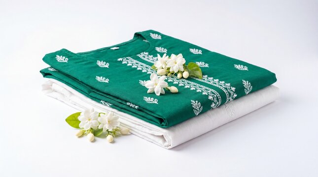 Traditional emerald green embroidered kurta, folded cotton ethnic wear with jasmine flowers, elegant south asian fashion apparel on white background