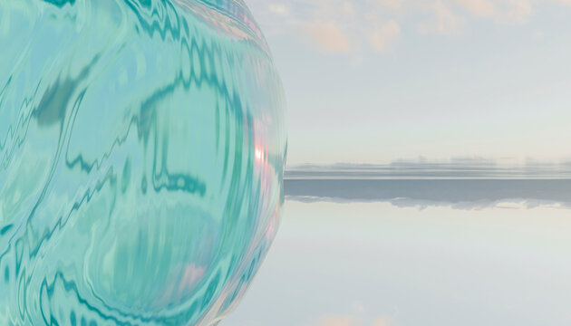 Abstract turquoise glass sphere against a serene sky with soft clouds and reflections