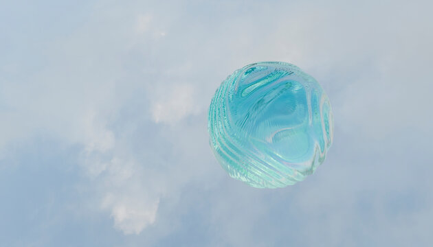 A turquoise glass sphere floats against a soft, cloudy sky creating a serene atmosphere.