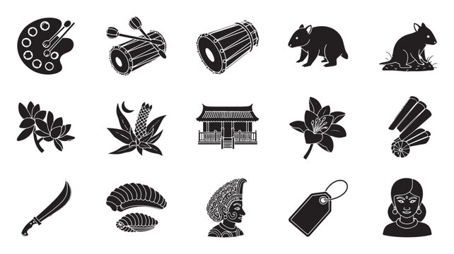 Silhouette Icon Set Featuring Drum, Bear, Temple Gate, Plants, Blade, and Assorted Decorative Symbols in Black