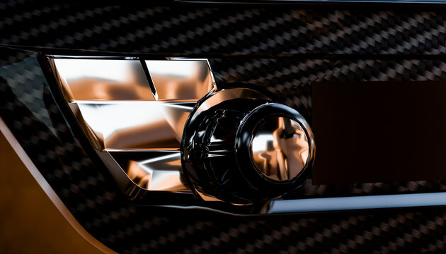 Close-up of a shiny car headlight with a carbon fiber texture background.