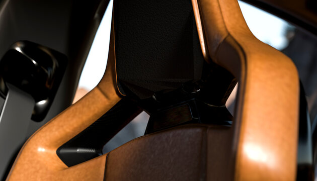 Close-up of a car seat with sleek leather design and black accents in soft lighting.