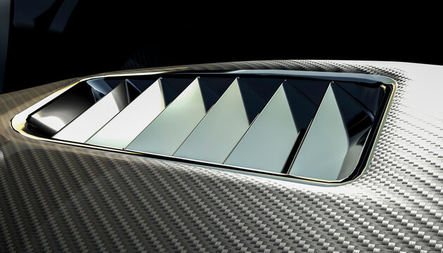 Close-up of futuristic car hood with sleek carbon fiber and angular air vents.