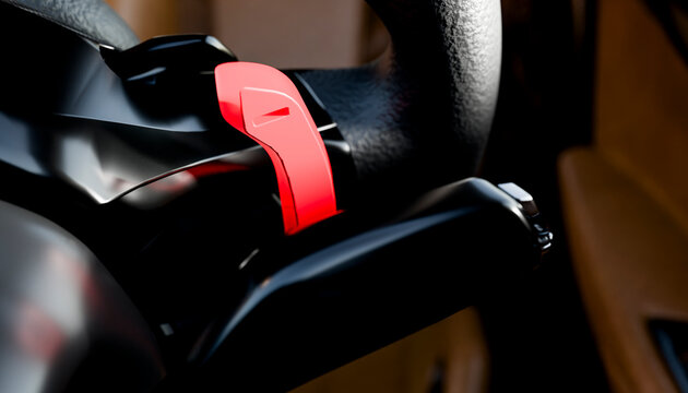 Close-up of a car interior with a bright red paddle shifter on the steering wheel.