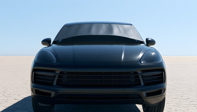 A sunshade for a black vehicle's windshield. Seen from the front.