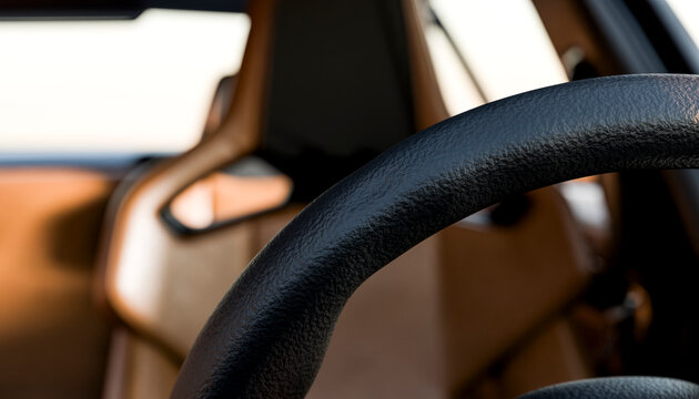 Close-up of a car's leather interior highlighting the steering wheel and seat.